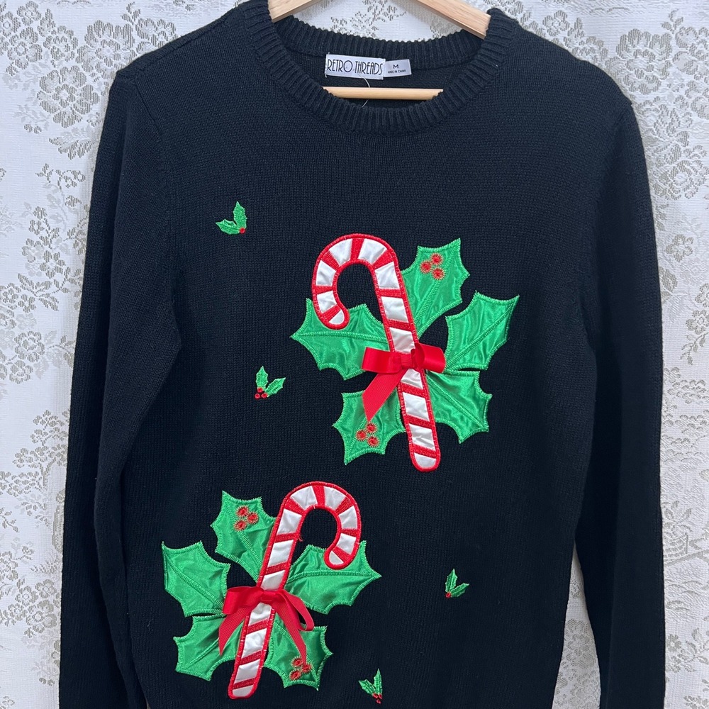 Retro Thread Sweater Holiday Candy Cane Holly Embroidered Ugly Christmas Festive